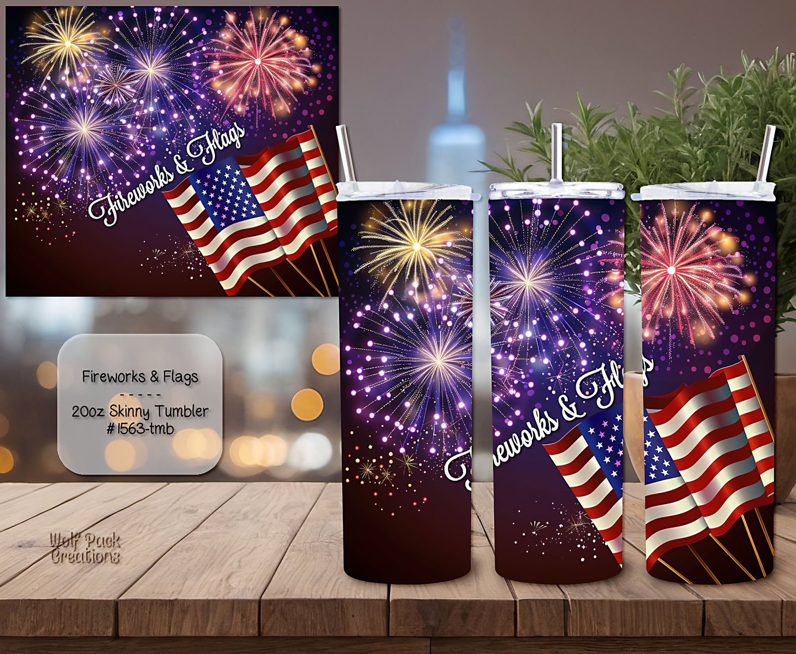 Beautiful Fireworks & Flags Design on a Skinny Tumbler