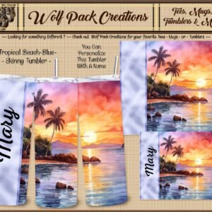 Personalizable Beautiful Skinny Tumbler with a Beach Sunset