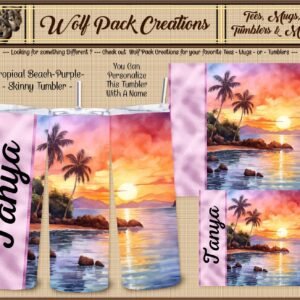 Personalizable Beautiful Skinny Tumbler with a Tropical Sunset