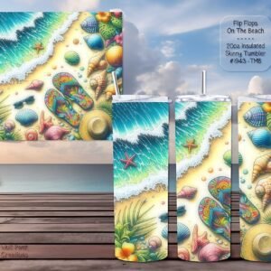 Beautiful Skinny Tumbler featuring Flip Flops on the Beach