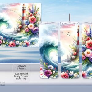 Beautiful Skinny Tumbler featuring a Lighthouse and Flowers Design