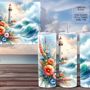Beautiful Skinny Tumbler featuring a Lighthouse and Seagulls Design