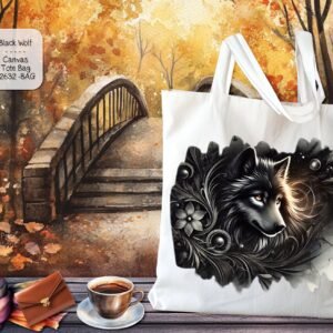 White Polyester Tote Bag: Beautiful Black Wolf