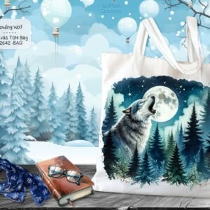 White Polyester Tote Bag: Beautiful Wolf Howling at the Moon