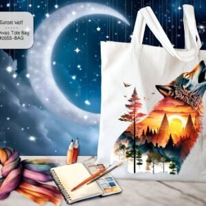 White Polyester Tote Bag: Beautiful Sunset Wolf