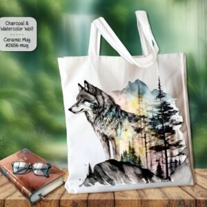 White Polyester Tote Bag: Beautiful Charcoal and Watercolor Wolf
