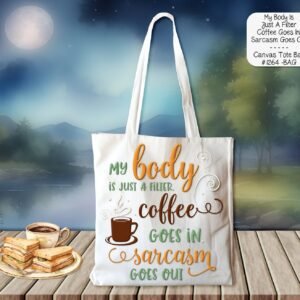 Humorous White Polyester Tote Bag: My Body is a Filter: Coffee Goes In