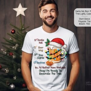 Beautiful and Festive Short Sleeve Shirt: Santa Hat, Beer Mug, Christmas Lights
