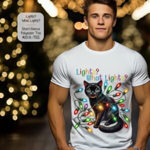 Unisex Short Sleeve Shirt with Christmas Lights and Cat Design