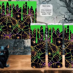 Enjoy Spooky Season with Our Stainless Steel Skinny Tumbler Adorned with Neon Webs