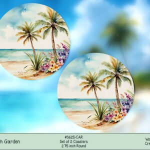 Beach Garden Car Coaster Set - Palm Trees, Water & Sand Design