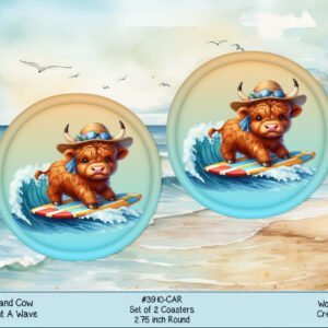 Highland Cow Surfing Beach Waves Car Coaster - Summer Water Fun!