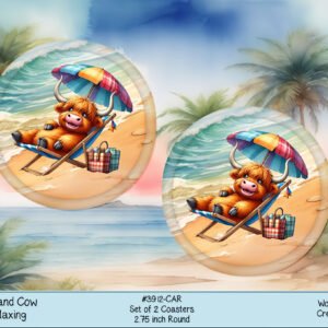 Car Coaster with Highland Cow Design - Neoprene Material for Beach Vibes