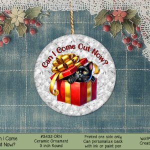 Christmas Ceramic Ornament 3" Round Cat Gift Box - Holiday Decor