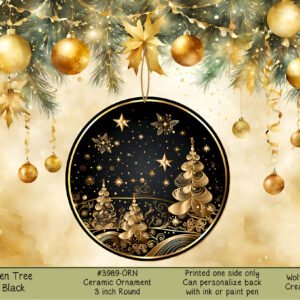 Golden Tree Silhouette on Black Background - Festive Christmas Decor