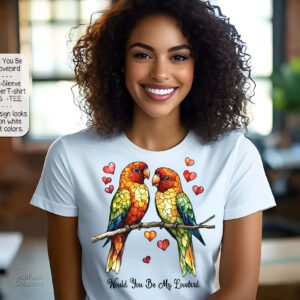 Valentine's Day T-Shirt with Lovebirds Print - Short Sleeve Polyester Shirt