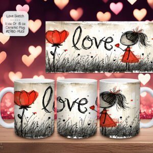 Ceramic Coffee Mug for Valentine's Day - "Love" Sketched Design