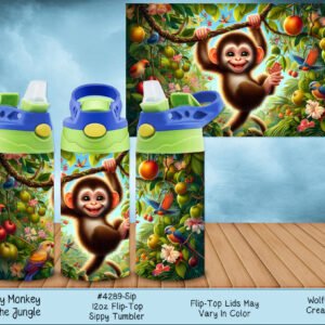 Kids Sippy Tumbler - Monkey Design, Vacuum Insulated Stainless Steel, 12 oz