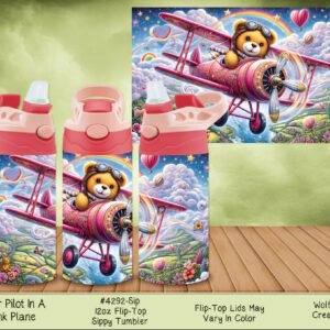 12oz Kids Sippy Tumbler - Bear Pilot Design, Vacuum Insulated Stainless Steel