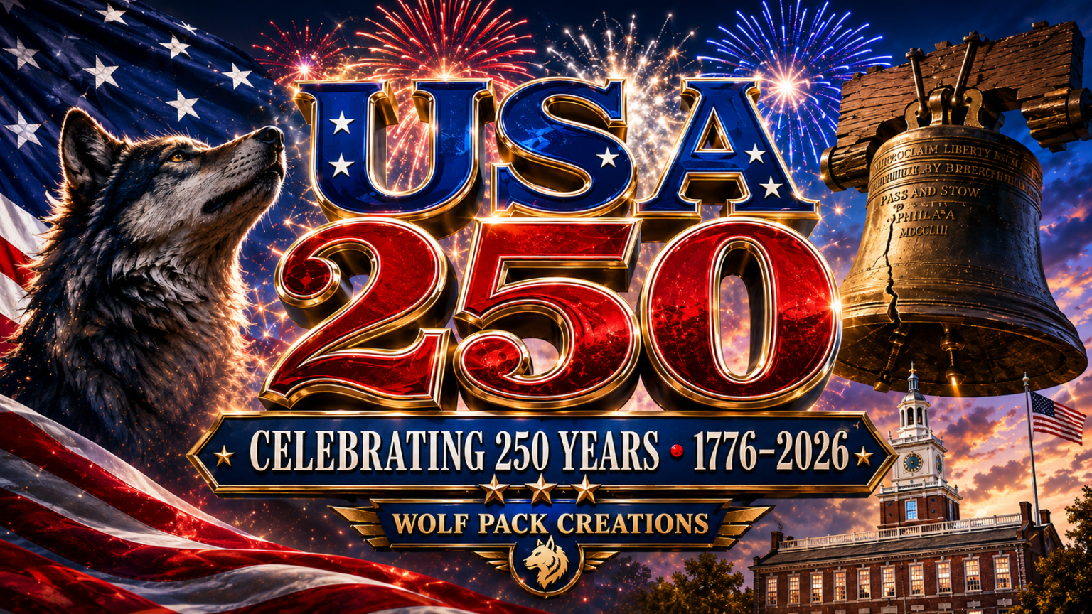 Graphic celebrating USA 250 years (1776–2026) with fireworks, flag, Liberty Bell, and a howling wolf.