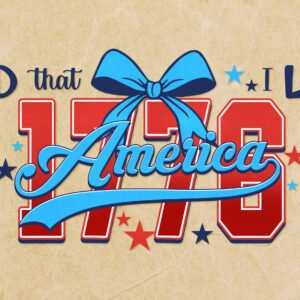 Patriotic graphic with the words 'Land that I love' and a bold red 'America' overlay, blue ribbon, and stars on a tan textured background.