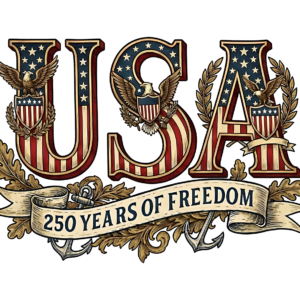 Stylized USA emblem with stars and stripes, an eagle, and a banner reading '250 Years of Freedom'.