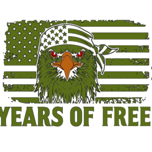 Grungy olive-green flag background with a fierce eagle wearing a bandana, commemorating 250 years of freedom (1776–2026).