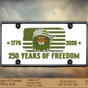 Commemorative license plate design featuring an eagle over a stylized American flag and ‘250 Years of Freedom’ (1776–2026).