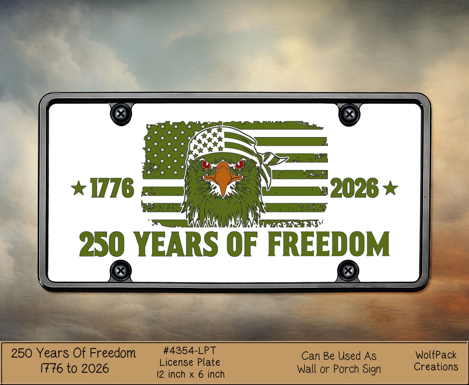 hpat-Lpt-250YearsOfFreedom-Green-4354-p Commemorative license plate design featuring an eagle over a stylized American flag and ‘250 Years of Freedom’ (1776–2026).
