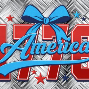 Graphic celebrating 100th America anniversary with bold red '100' and a blue ribbon-wrapped script 'America' on a metal diamond-plate background.
