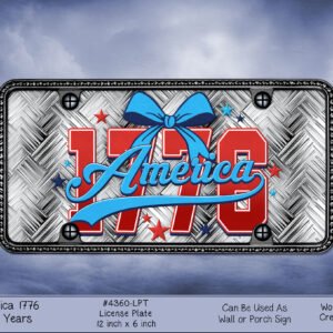 Decorative license plate design reading 'America 1776' with a blue bow and stars on a textured metal background.