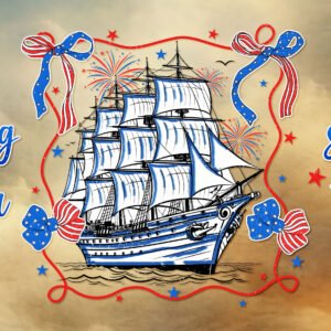 Patriotic illustration of a tall sailing ship with red, white, and blue ribbons and fireworks, captioned 'spilling the tea since 1773'.