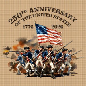 Quote: 250th Anniversary of the United States, 1776–2026 with a marching American revolutionary army and flag in center.