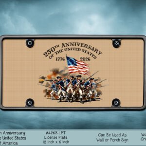 Framed poster commemorating the U.S. 250th anniversary (1776–2026) with soldiers marching and the American flag.