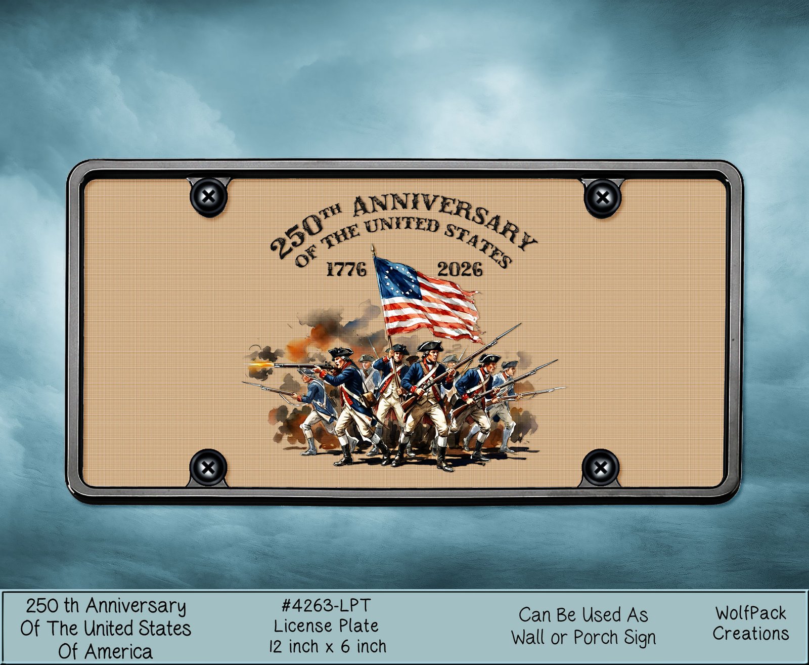 hpat-Lpt-250thRevolutionaryWar-4263-p Framed poster commemorating the U.S. 250th anniversary (1776–2026) with soldiers marching and the American flag.