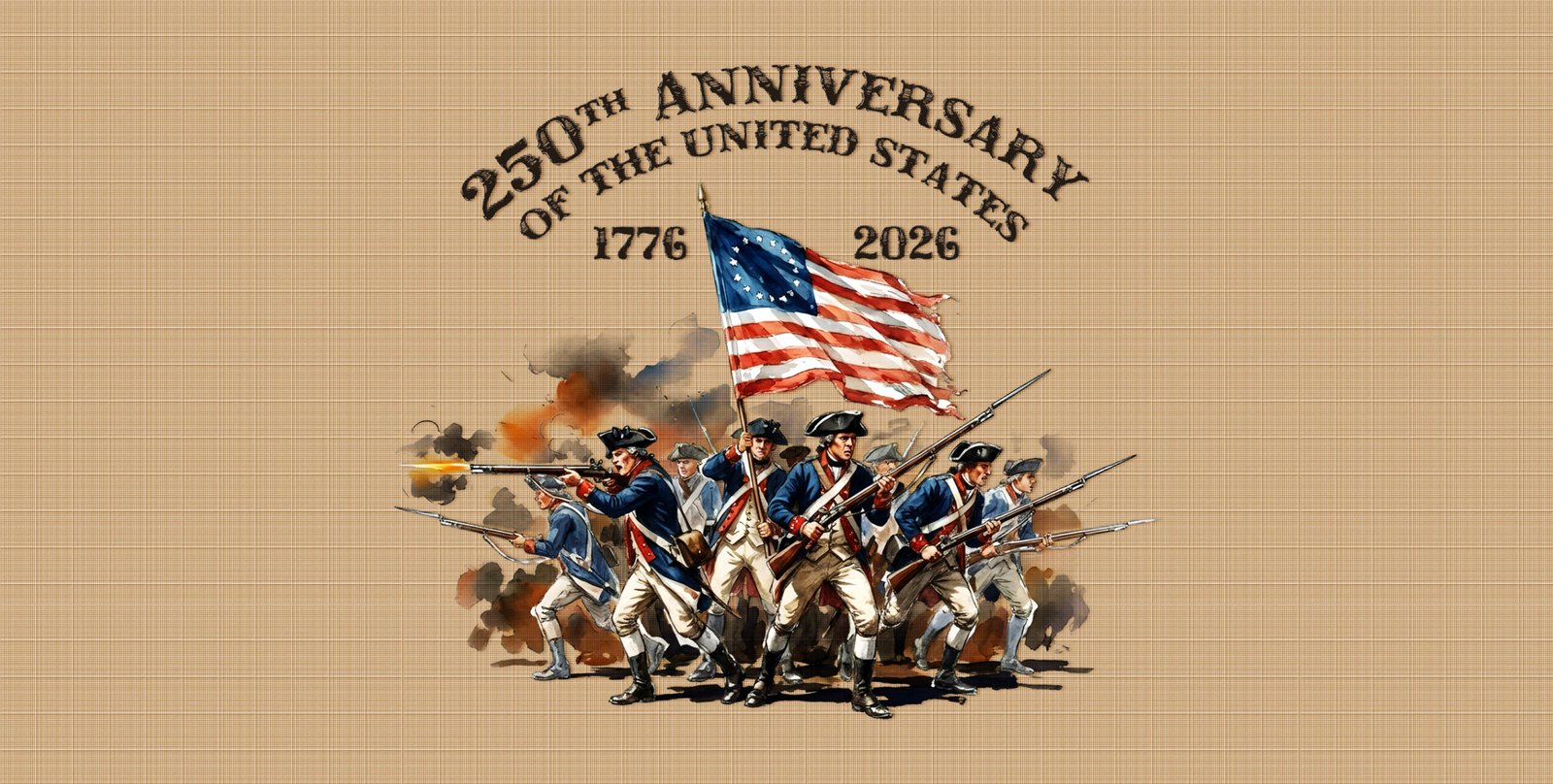 hpat-Lpt-250thRevolutionaryWar-4263 Quote: 250th Anniversary of the United States, 1776–2026 with a marching American revolutionary army and flag in center.
