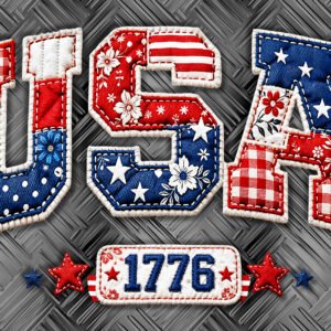 Patchwork letters U S A in red, white, blue fabric patches on a metallic diamond-plate background.