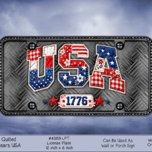 3D quilted license plate reading '1776' in red, white, and blue patches on a metallic diamond-plate background.