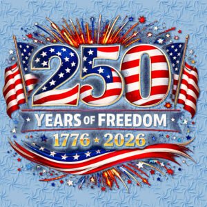 Patriotic celebration graphic marking 1776–2026 with fireworks, stars, and red‑white‑blue ribbons on a light blue patterned background