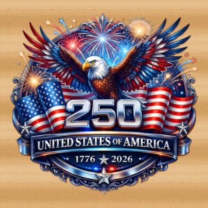Patriotic illustration of a soaring eagle with red, white, and blue wings, fireworks, and a banner reading United States of America (1776–2026).