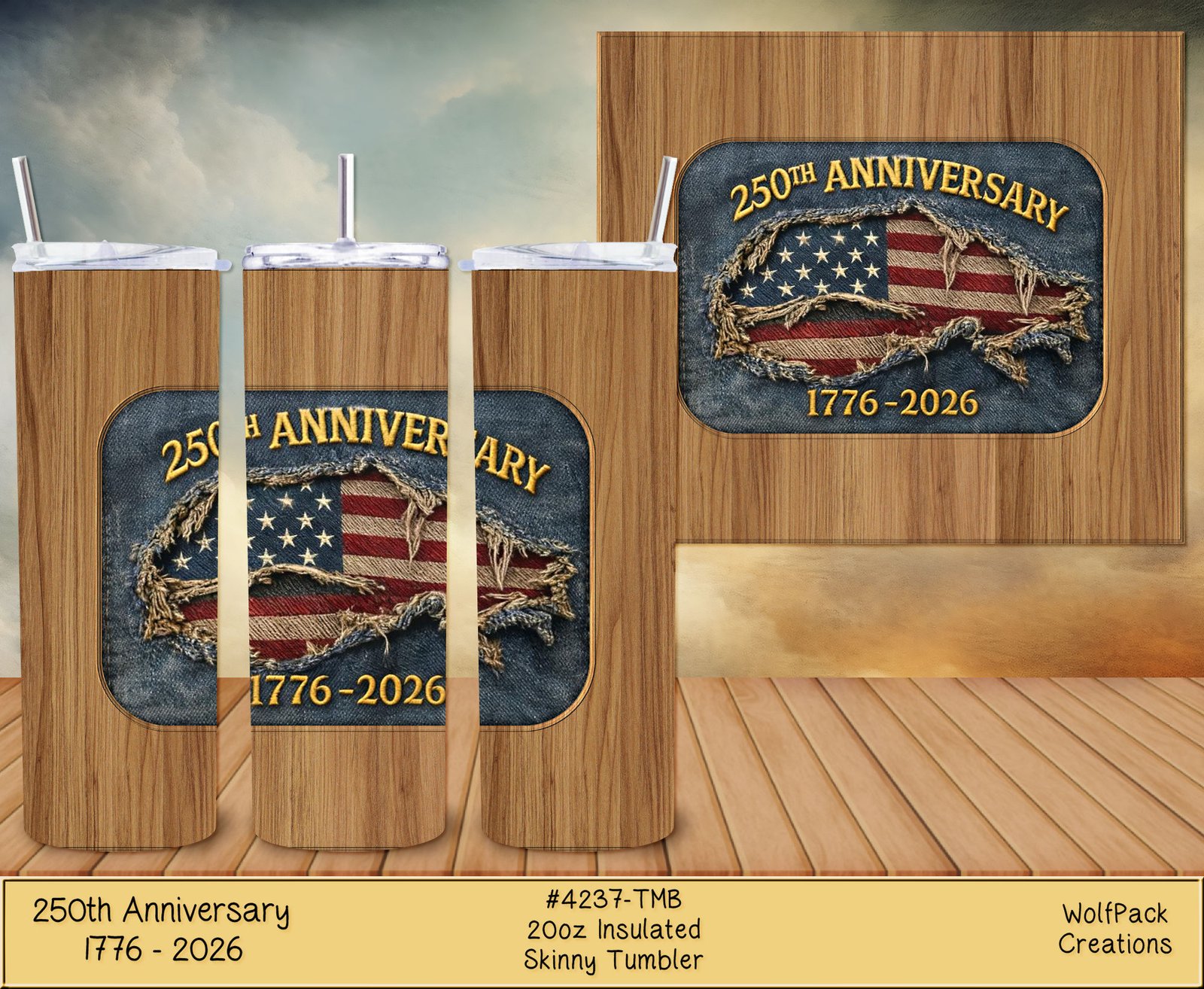hpat-Tmb-USAAnniversary-4237-p1 Wooden display of four 250th anniversary tumblers with distressed American flag patches on a wood backdrop.