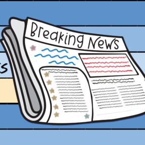 Cartoon newspaper with the words 'Breaking News' and the banner text 'Freedom Requires A Free Press' on a blue background.