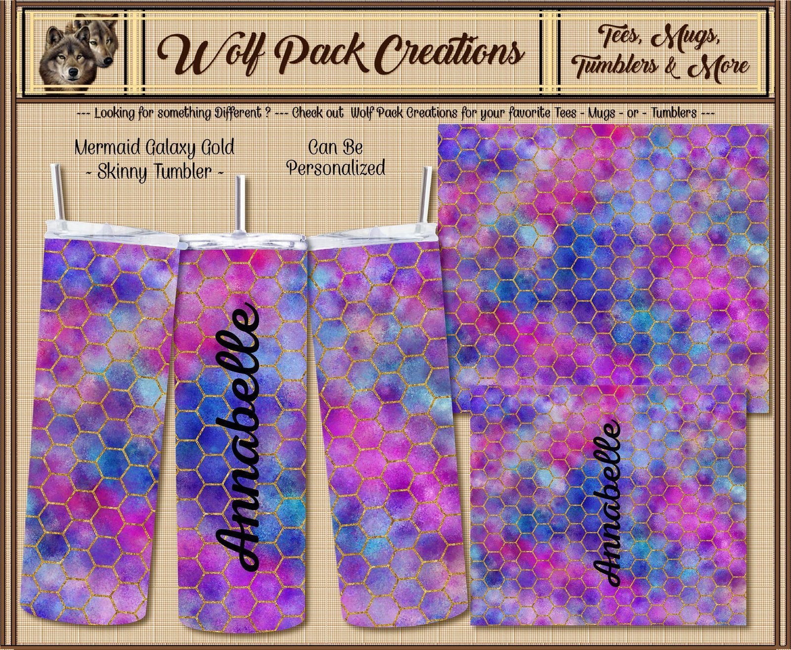 Personalizable Skinny Tumbler in a Beautiful Mermaid Galaxy Gold
