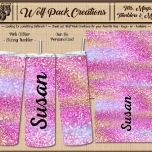Personalizable Skinny Tumbler in Pink Glitter