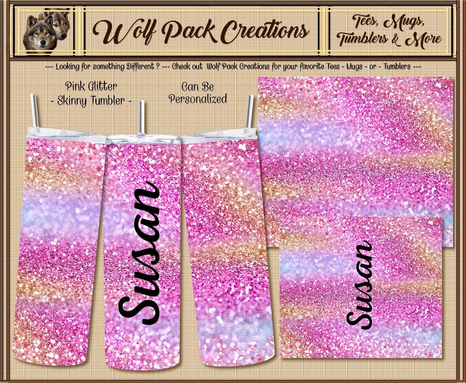 Personalizable Skinny Tumbler in Pink Glitter