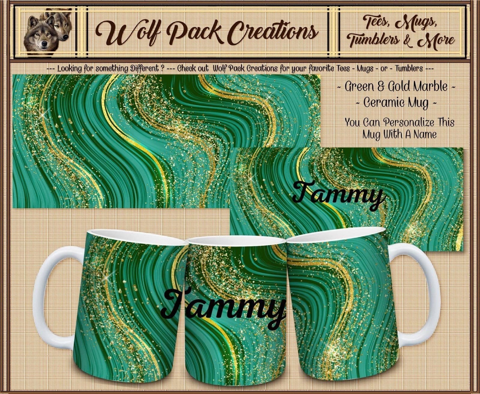 Personalizable Beautiful Green and Gold Glitter Ceramic Mug