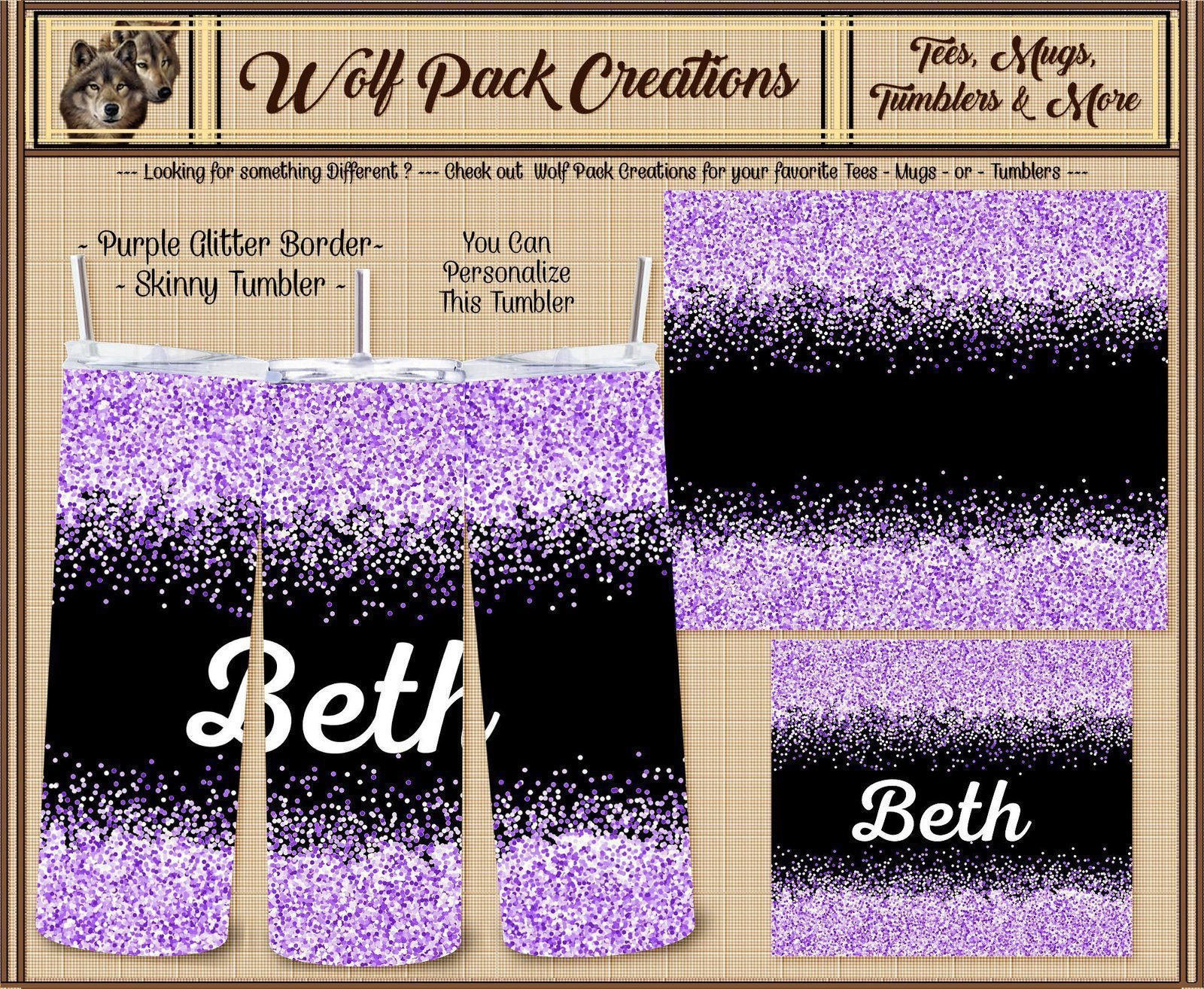 Personalizable Beautiful Purple Glitter Skinny Tumbler