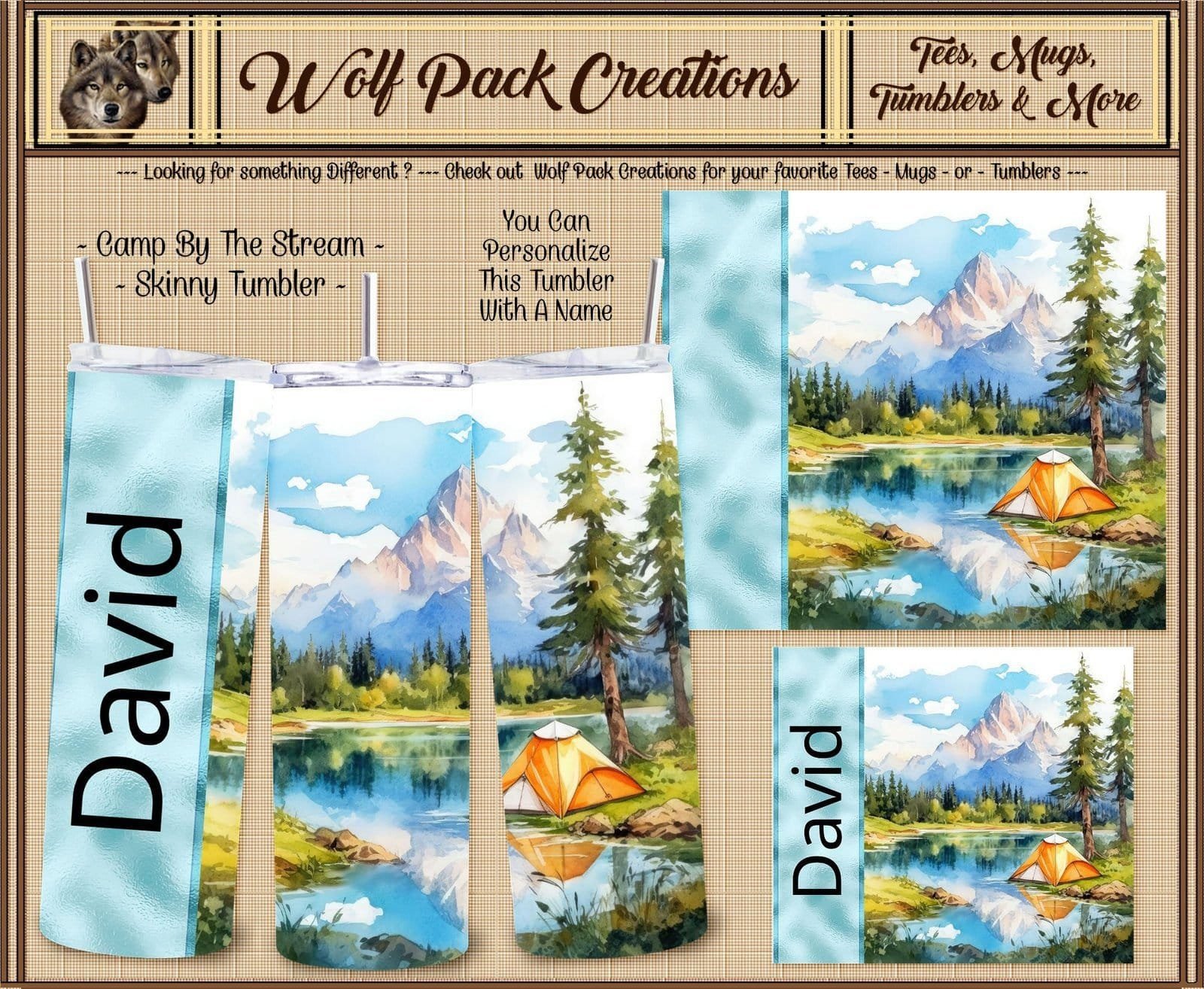 Personalizable Pretty Skinny Tumbler for the Happy Camper by the Stream