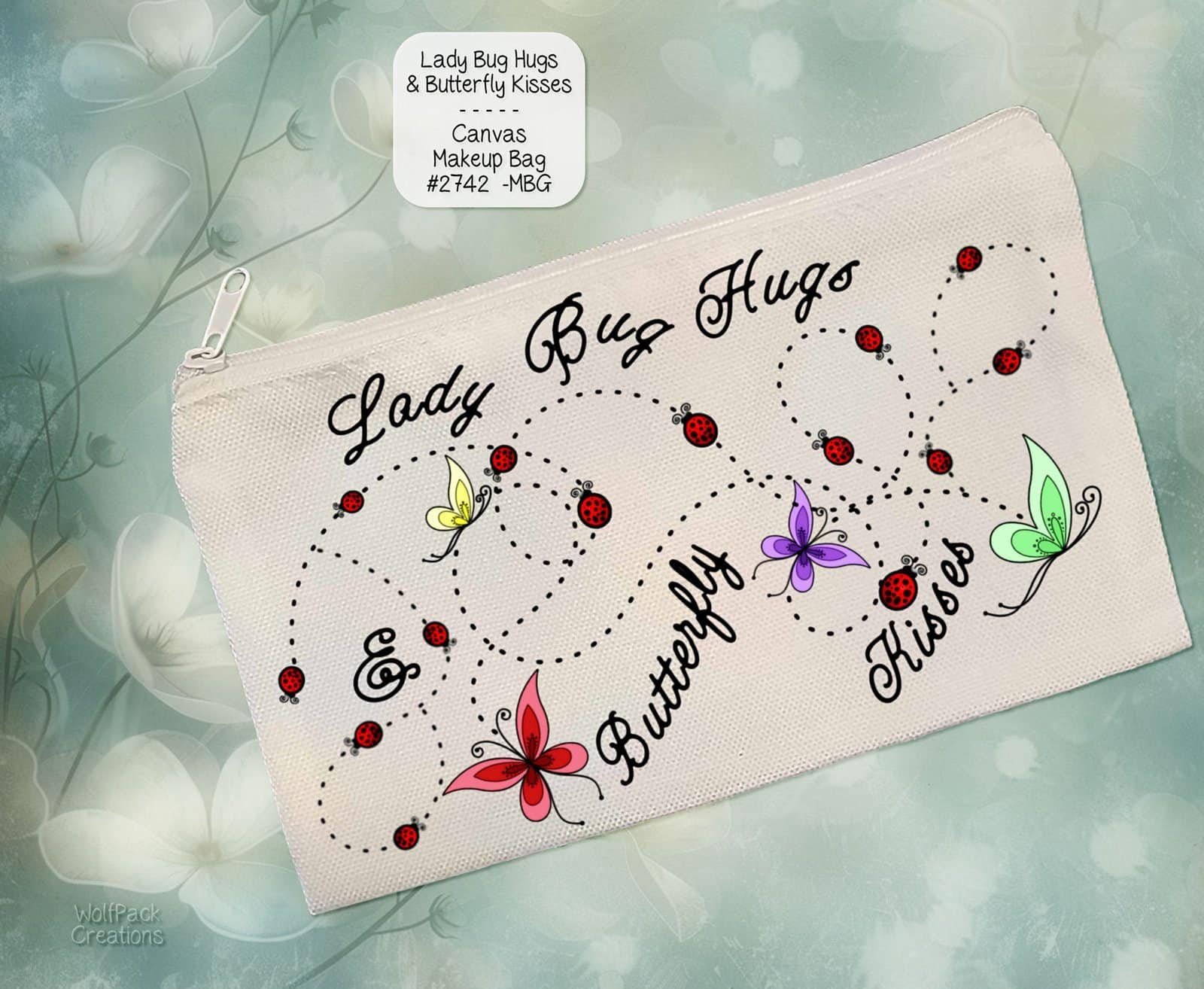 White Polyester Zipper Pouch: Lady Bug Hugs