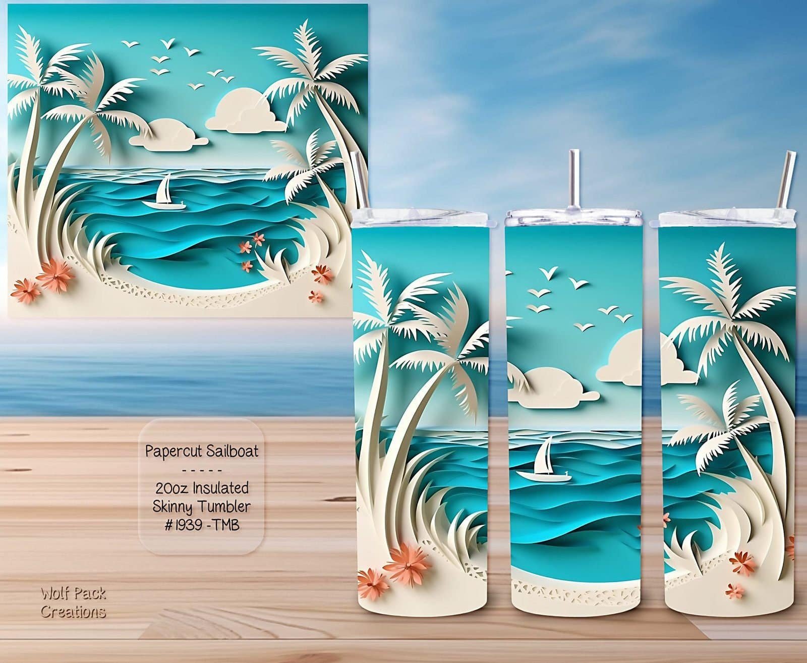 Beautiful Skinny Tumbler: 3D Papercut Sailboat Design